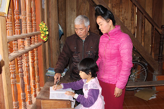 Phong trào khuyến học của họ Hoàng tại Sơn La Ông Hoàng Văn È, Trưởng dòng họ Hoàng, bản Sai, xã Sặp Vạt (Yên Châu) hướng dẫn cháu học bài.